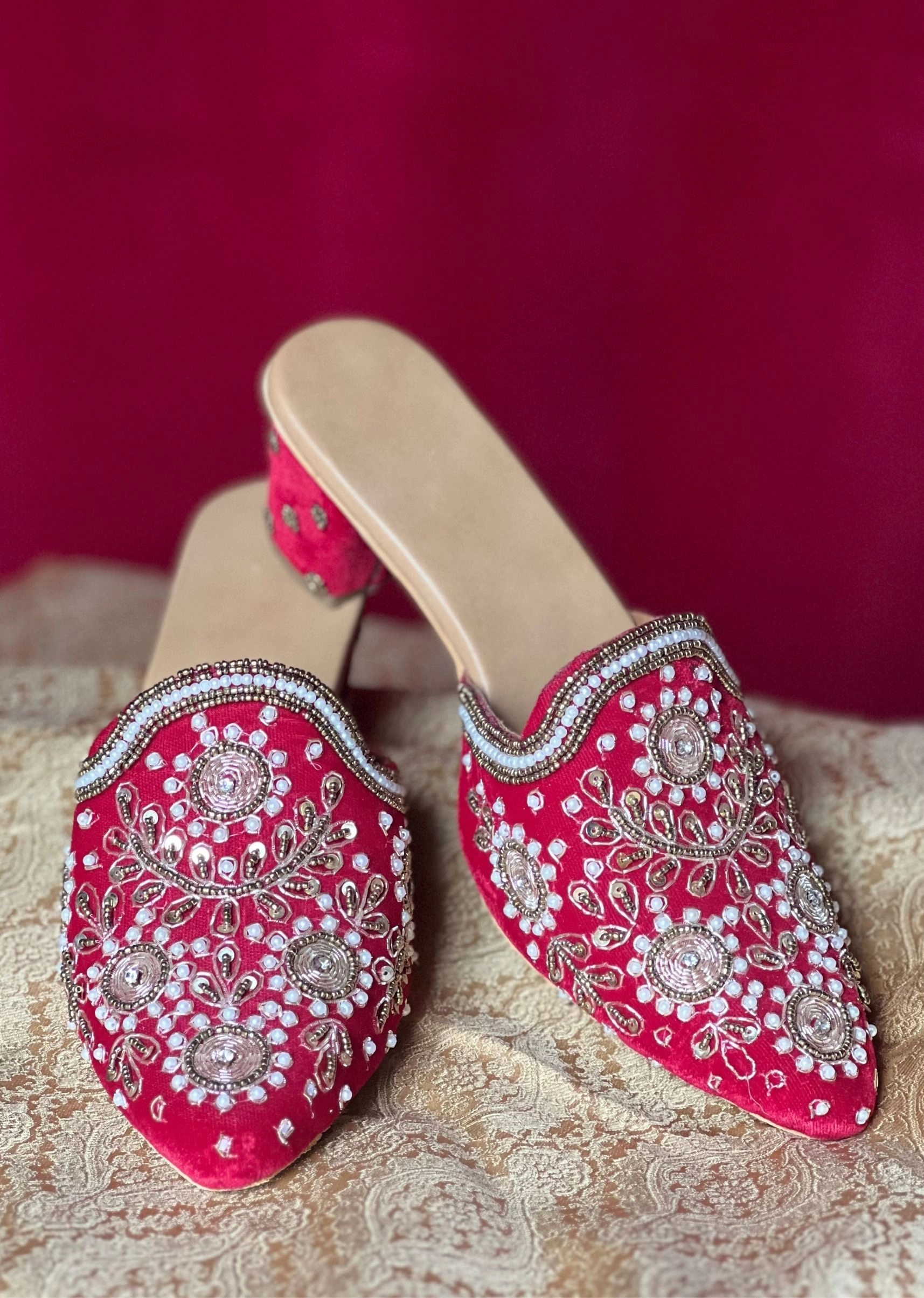 Red Handwork heels jutti with perl and tilla