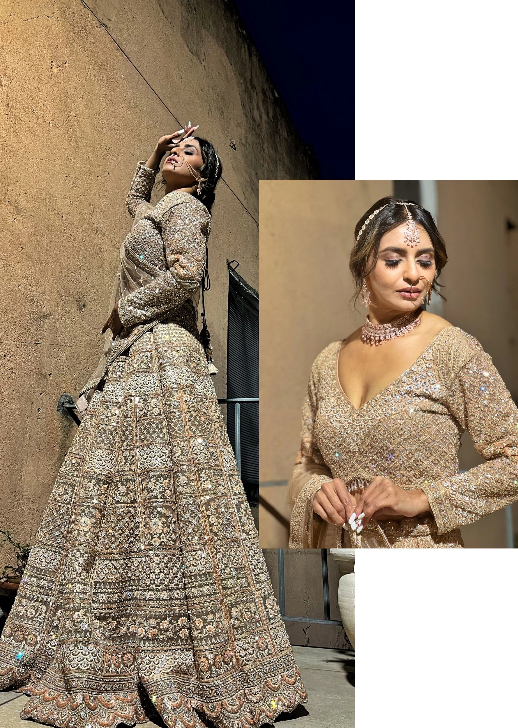 SKIN COLOUR LEHNGA WITH SEQUINS, STONE WORK.