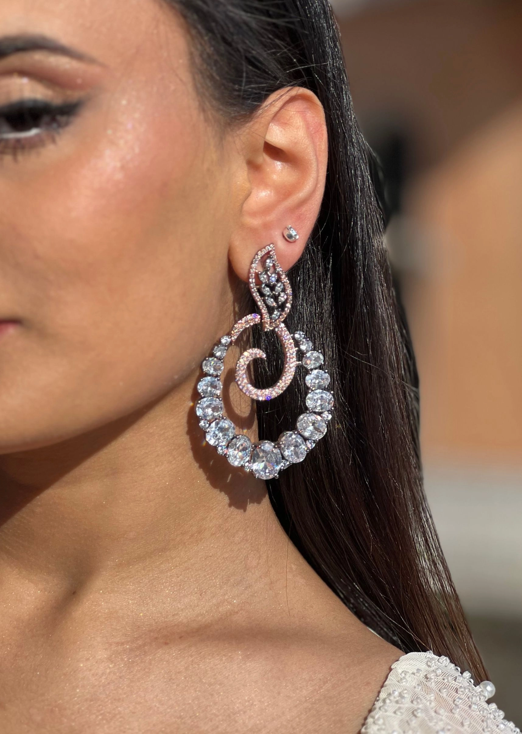 HIGH GRADE AMERICAN DIAMOND SILVER AND PINKARRINGS, AMERICAN DIAMOND JEWELLERY