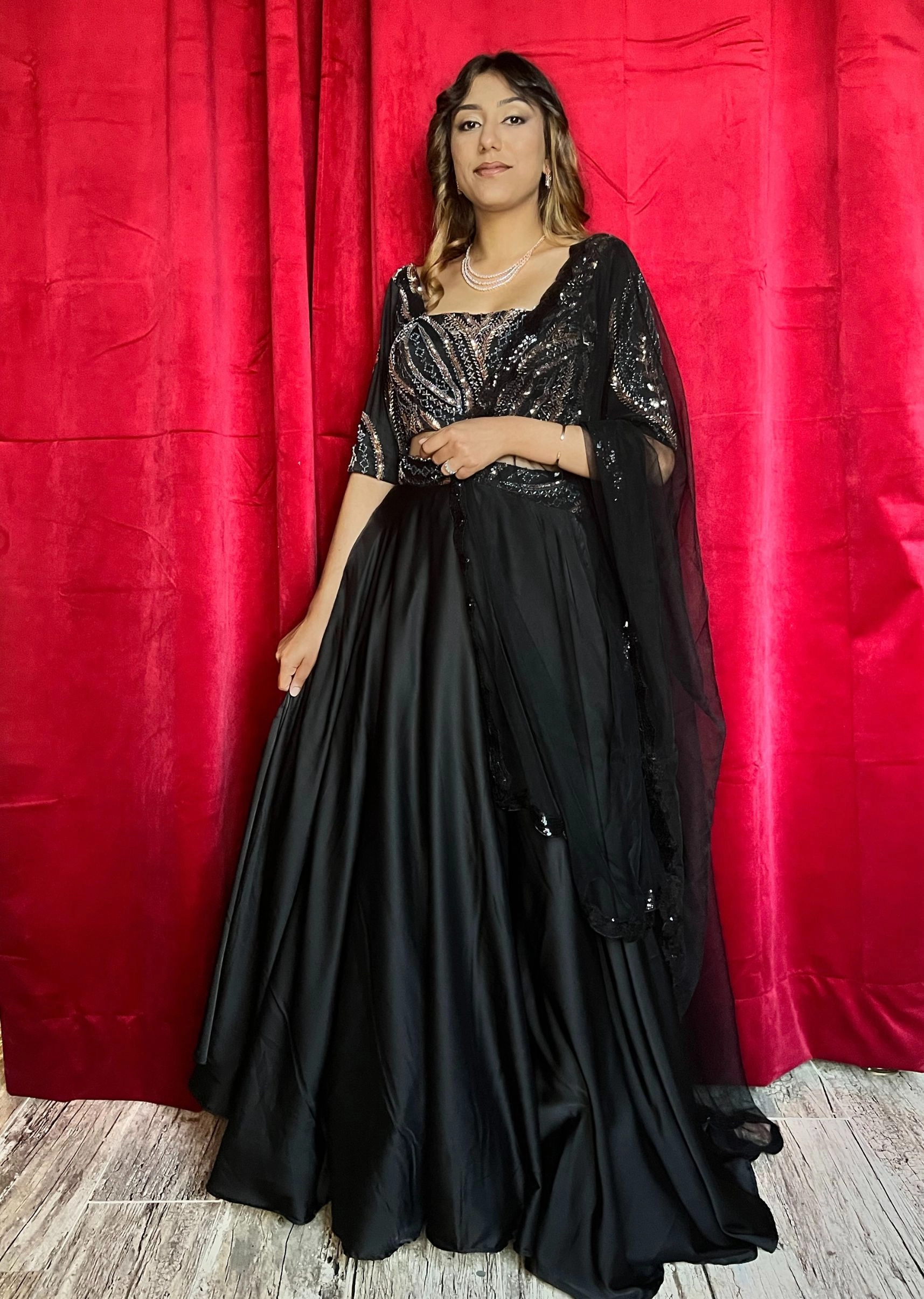 Black Satin Lehnga with Embroidered Blouse