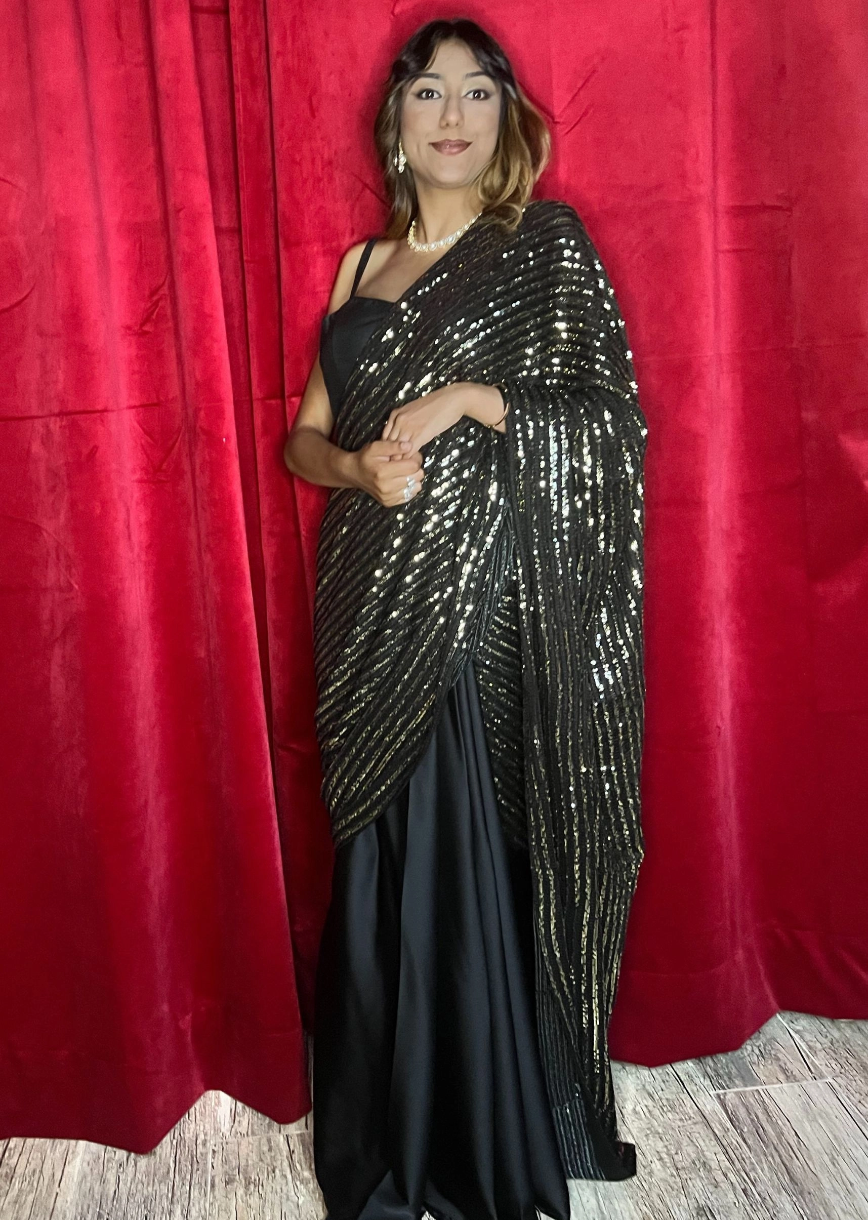 Saree in satin with golden sequence palla