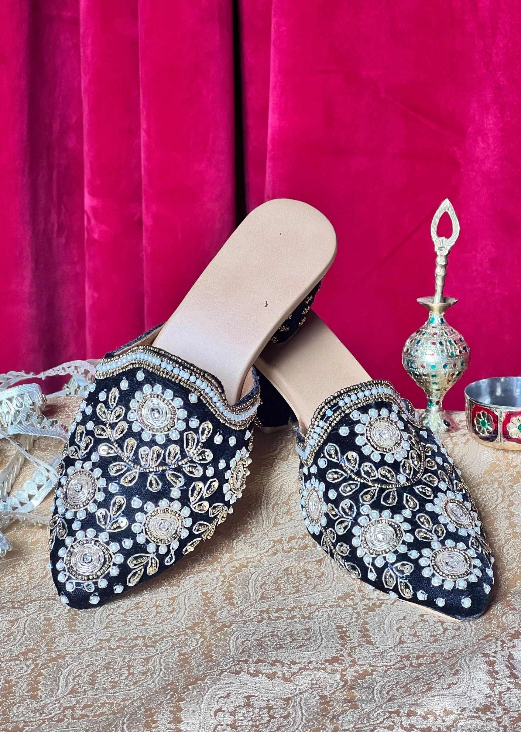 black Handwork heels jutti with perl and tilla