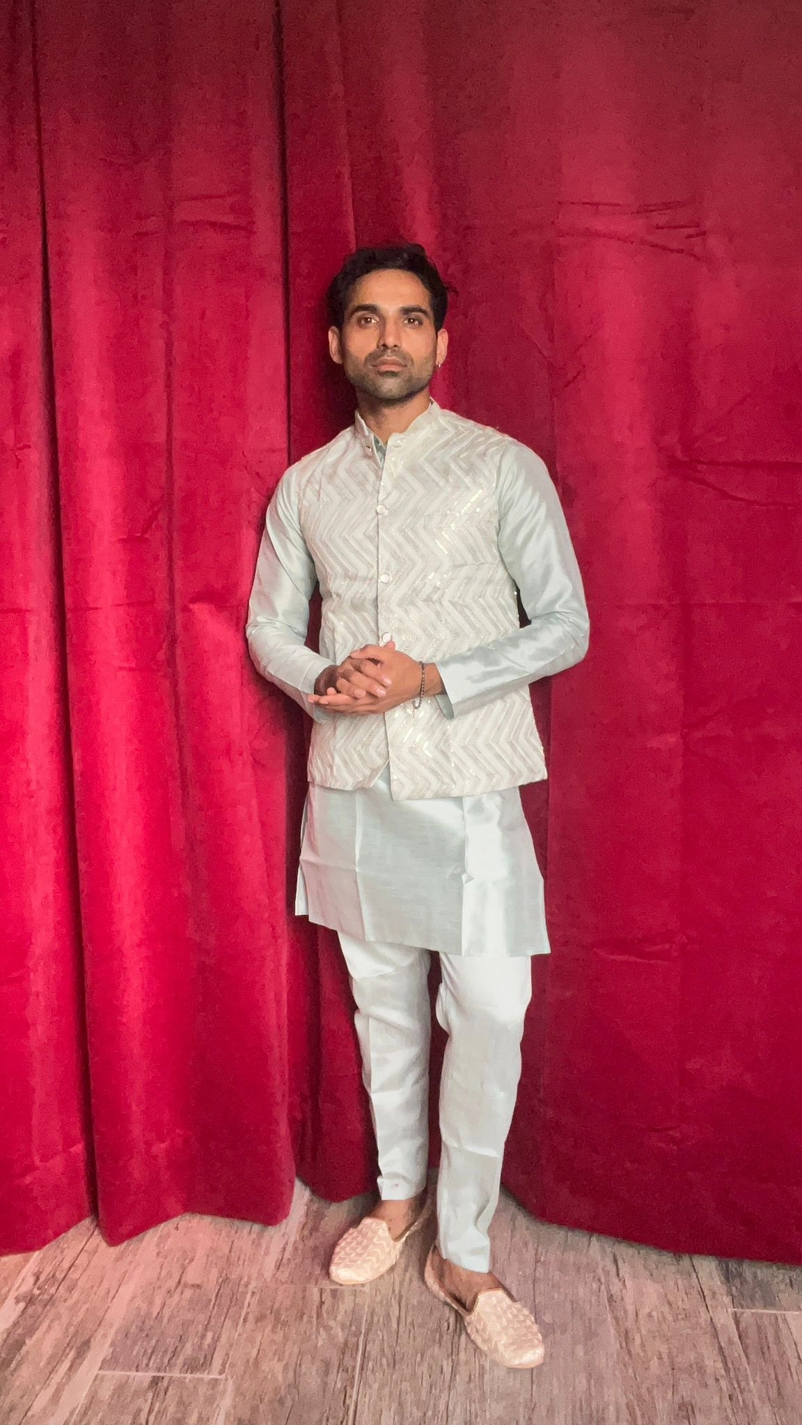 light Green kurta, pigiama and nehru jacket with sequence and thread work