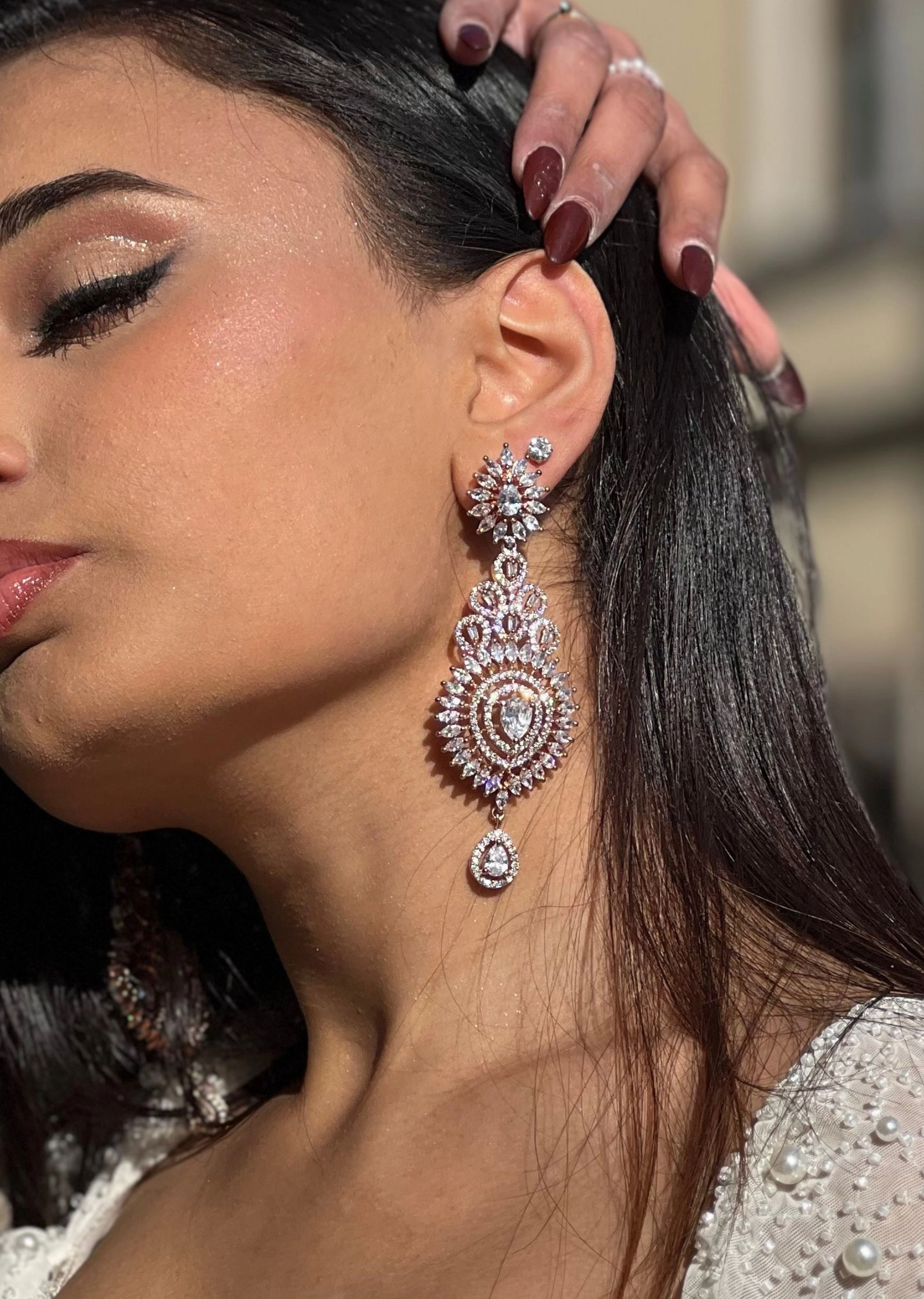 HIGH GRADE AMERICAN DIAMOND EARRINGS IN VINTAGE PINK , AMERICAN DIAMOND JEWELLERY